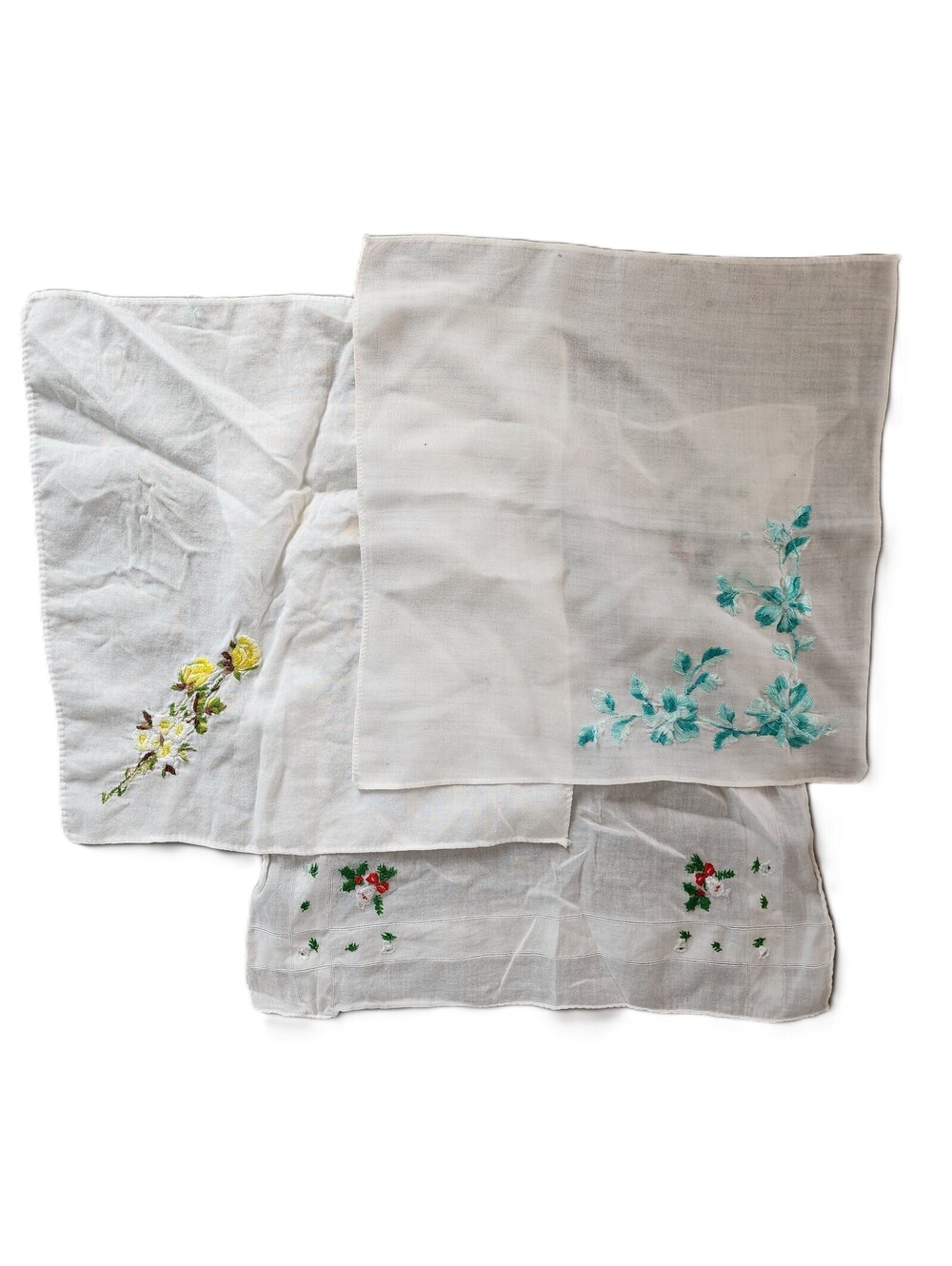 Vintage Ladies Handkerchiefs Lot of 3 - Floral - 9"x9", Christmas - 11"x11"